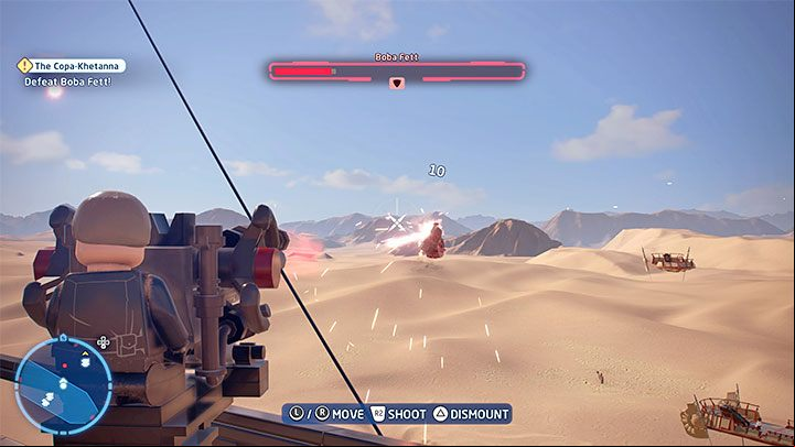You can attack the boss more easily by taking control of the stationary gun - LEGO Skywalker Saga: Boba Fett - boss, how to defeat? - Bosses - LEGO Skywalker Saga Guide