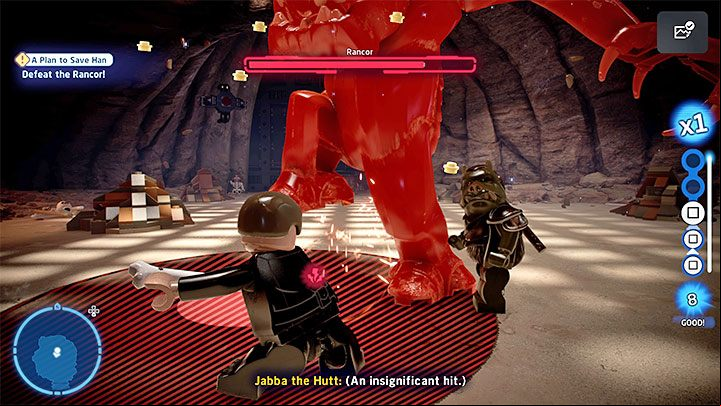 As usual, watch out for the red lines and circles that indicate all strong attacks, e - LEGO Skywalker Saga: A Plan to Save Han - walkthrough - Episode 6 - Return of the Jedi - LEGO Skywalker Saga Guide