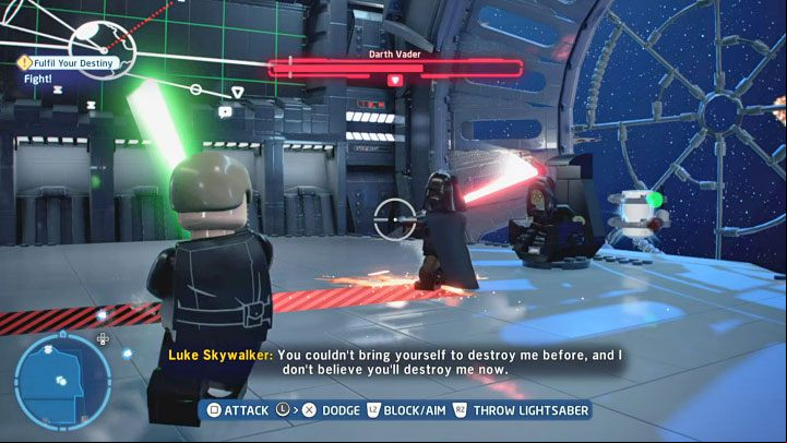 During the fight proper watch out for the red lines and circles which indicate where Vader will strike - LEGO Skywalker Saga: Fulfill Your Destiny - walkthrough - Episode 6 - Return of the Jedi - LEGO Skywalker Saga Guide