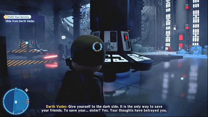 After the QTEs you'll find yourself in a dark area you must leave without letting Vader see you - stay far away from his visibility cone - LEGO Skywalker Saga: Fulfill Your Destiny - walkthrough - Episode 6 - Return of the Jedi - LEGO Skywalker Saga Guide