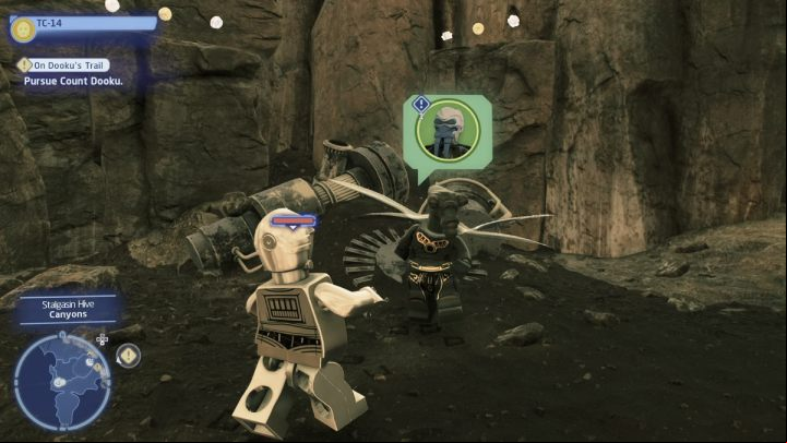While playing as a protocol droid you must talk to the questgiver in Stalgasin Hive's canyon on Geonosis - LEGO Skywalker Saga: Free Your Mind - walkthrough - Geonosis - UI Stalgasin - LEGO Skywalker Saga Guide