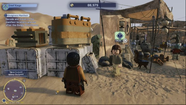 Go to the Niima settlement on planet Jakku and talk to the inhabitant standing near the landing site - LEGO Skywalker Saga: Dodginess Manifest - walkthrough - Jakku - Tuanul Village - LEGO Skywalker Saga Guide