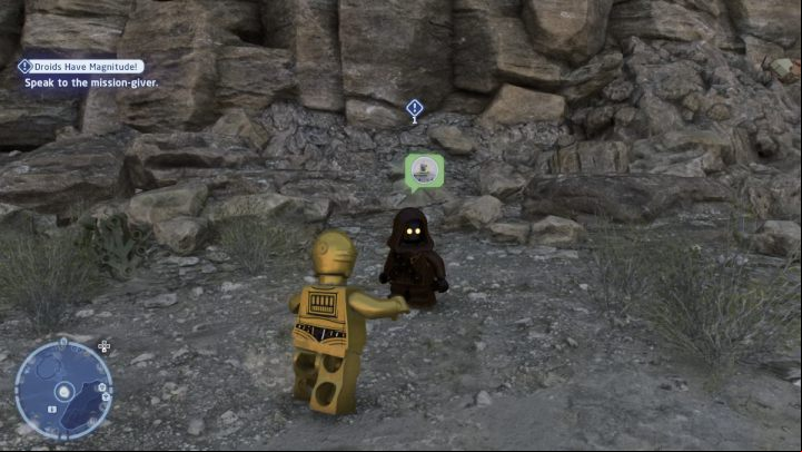 As a Protocol Droid, talk to the NPC and accept the task - LEGO Skywalker Saga: Droids Have Magnitude - walkthrough - Tatooine - the desert of Jundland - LEGO Skywalker Saga Guide