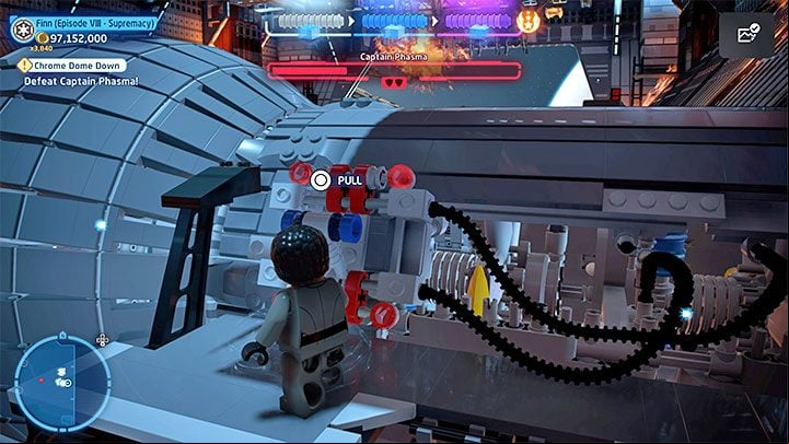Finally, find the ladder shown in picture 1 to the right of the shelf where Phasma is located - LEGO Skywalker Saga: Chrome Dome Down - walkthrough - Episode 8 - The Last Jedi - LEGO Skywalker Saga Guide