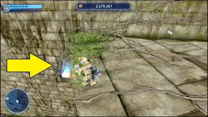 This Kyber brick is on a small platform, on the side of the building - LEGO Skywalker Saga: Great Temple - list of all puzzles - The space of Yavin 4 - LEGO Skywalker Saga Guide