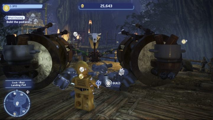 After getting all the parts return to the Ewok village, talk to the questgiver and help him build the podracer - LEGO Skywalker Saga: Pod Chasing - walkthrough - Endor - the ewok village - LEGO Skywalker Saga Guide