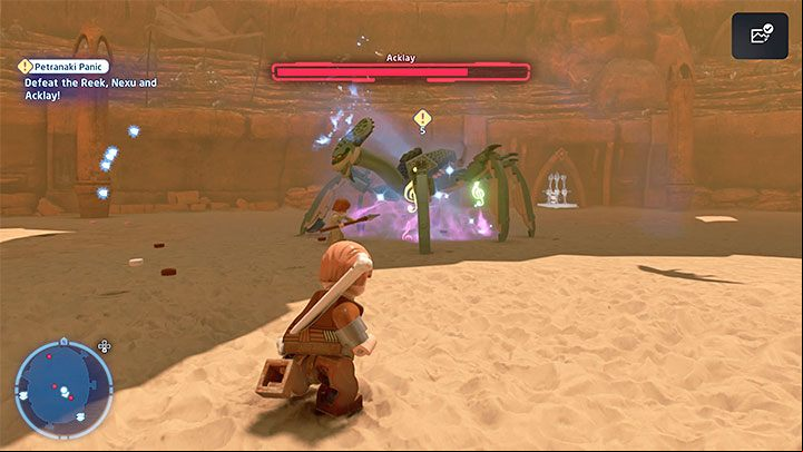 The ideal technique for dealing with giant beasts is to use mind control, specifically its variant called Distract - LEGO Skywalker Saga: Petranaki Panic - walkthrough - Episode 2 - Attack of the Clones - LEGO Skywalker Saga Guide