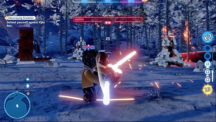 Always attack Kylo Ren with a character using a lightsaber - initially it will be Finn - LEGO Skywalker Saga: Kylo Ren - boss, how to beat? - Bosses - LEGO Skywalker Saga Guide