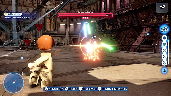 The boss starts the fight using four lightsabers at once, but thankfully it doesn't make the fight much more difficult and he'll be losing some of the sabers over time - LEGO Skywalker Saga: General Grievous - boss, how to beat? - Bosses - LEGO Skywalker Saga Guide