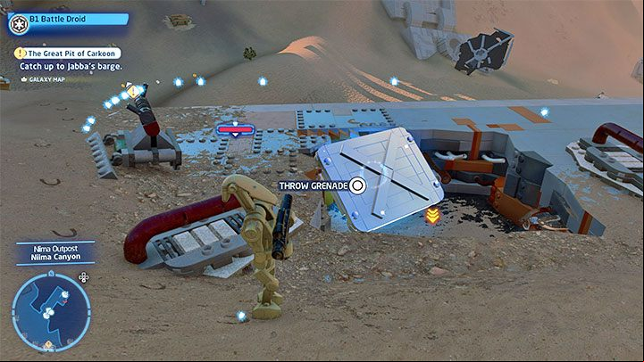Switch to any character from the Villains class and locate the silver object shown in the picture - LEGO Skywalker Saga: Niima Outpost - list of all puzzles - Jakku - LEGO Skywalker Saga Guide