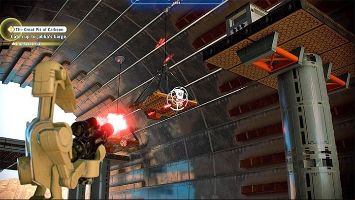 Hanging platforms will help you reach the brick, but some of them are too far apart by default, and even a double jump won't help - LEGO Skywalker Saga: Niima Outpost - list of all puzzles - Jakku - LEGO Skywalker Saga Guide