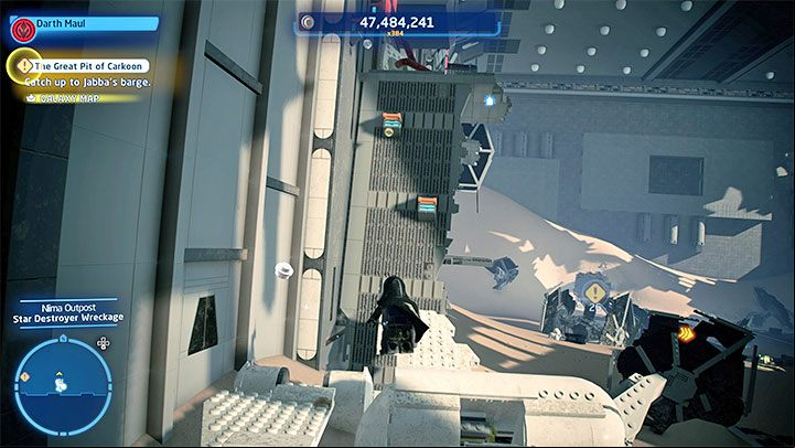 Your task will be to reach the high ledge on the right - LEGO Skywalker Saga: Niima Outpost - list of all puzzles - Jakku - LEGO Skywalker Saga Guide