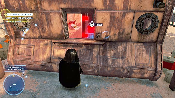 You need to focus on Plutt's Hut, which is blocked by a red forcefield - LEGO Skywalker Saga: Niima Outpost - list of all puzzles - Jakku - LEGO Skywalker Saga Guide