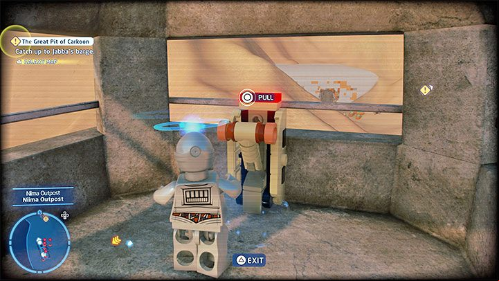 Select C-3PO and interact with the golden terminal shown in picture 1 - LEGO Skywalker Saga: Niima Outpost - list of all puzzles - Jakku - LEGO Skywalker Saga Guide