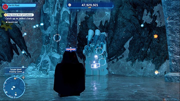 The third gear can be found by cutting through the right wall shown in the picture above - LEGO Skywalker Saga: Temple Island - list of all puzzles - Ahch-To - LEGO Skywalker Saga Guide