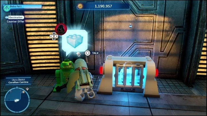You can buy this brick at a bar for 100,000 studs - LEGO Skywalker Saga: Uscru District - list of all puzzles - Coruscant - LEGO Skywalker Saga Guide