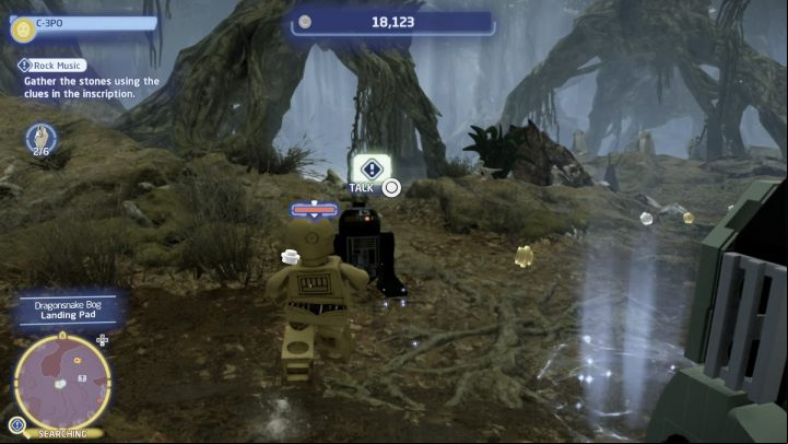 While controlling the Protocol Droid, talk to the Astromech Droid in the Dragonsnake Bog on the planet Dagobah - LEGO Skywalker Saga: Rock Music - walkthrough - Utapau - City of Pau - LEGO Skywalker Saga Guide