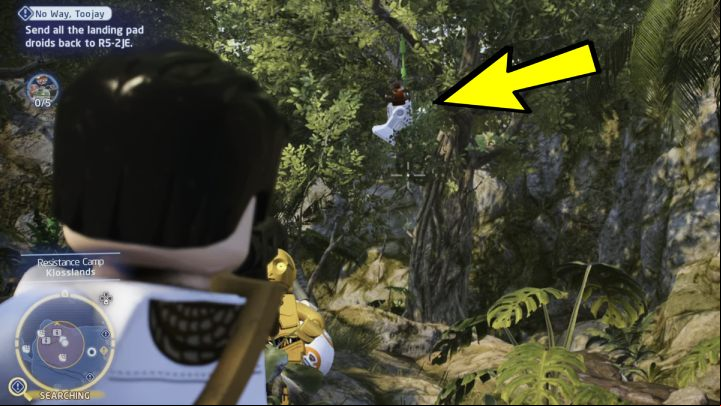 The first droid will be hanging from the tree - LEGO Skywalker Saga: No Way Toojay - walkthrough - Ajan Kloss - resistance camp - LEGO Skywalker Saga Guide