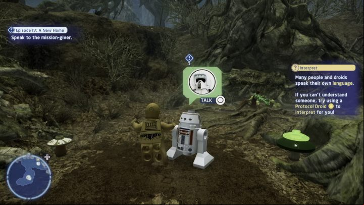 Talk to the questgiver while controlling a protocol droid - LEGO Skywalker Saga: Episode IV: A New Home - walkthrough - Dagobah - Dragonlance Swamp - LEGO Skywalker Saga Guide