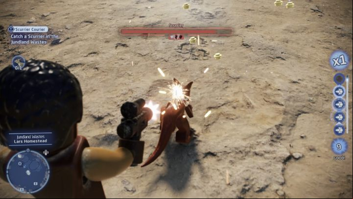 Go to the Jundland Wastes on Tatooine and follow the indicator on the screen - LEGO Skywalker Saga: Scurrier Courier - walkthrough - Jakku - Niima Settlement - LEGO Skywalker Saga Guide