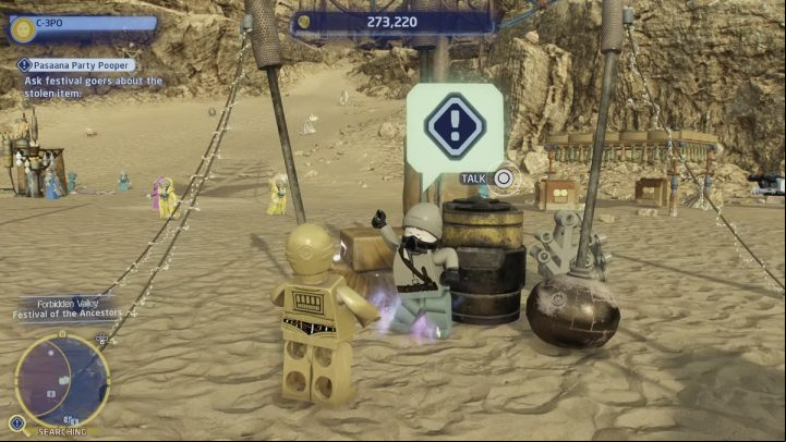 As the protocol droid, talk to the NPC and accept the task - LEGO Skywalker Saga: Pasaana Party Pooper - walkthrough - Pasaana - Forbidden Valley - LEGO Skywalker Saga Guide