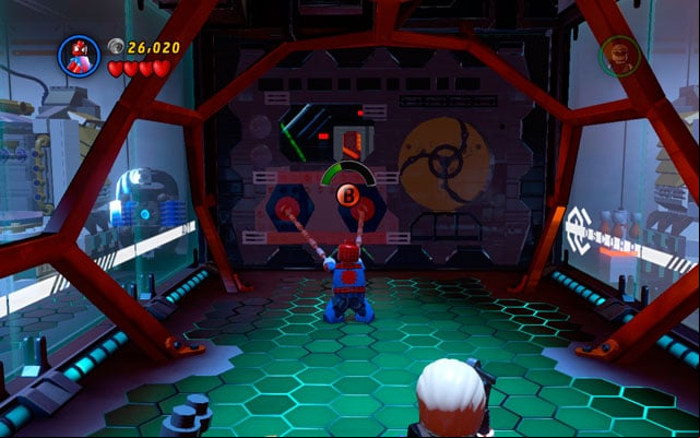 through the corridor and use Spider-Mans spider sense to uncover two attachable points - Exploratory Laboratory | Walkthrough - Walkthrough - LEGO Marvel Super Heroes Game Guide & Walkthrough