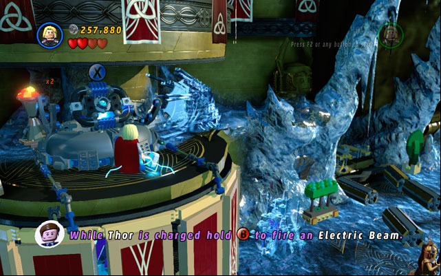 Wait for battery to appear and charge it with electricity - Bifrosty Reception | Minikit Sets - Minikit Sets - LEGO Marvel Super Heroes Game Guide & Walkthrough