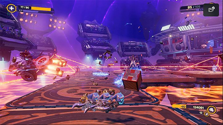 In this fight, you have to defeat the Vroom Goons in low gravity conditions - Ratchet & Clank Rift Apart: Arena, Gold Cup - walkthrough, all fights - Scarst Debris Cloud - Ratchet & Clank Rift Apart Guide
