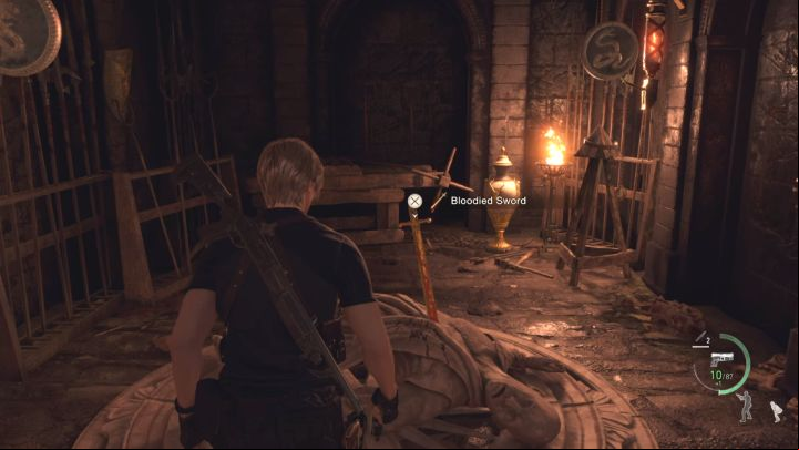 You can now enter the side area and claim the Bloodied Sword - Resident Evil 4 Remake: Treasury Swords puzzle (Chapter 7) - Puzzle solutions - Resident Evil 4 Remake Guide