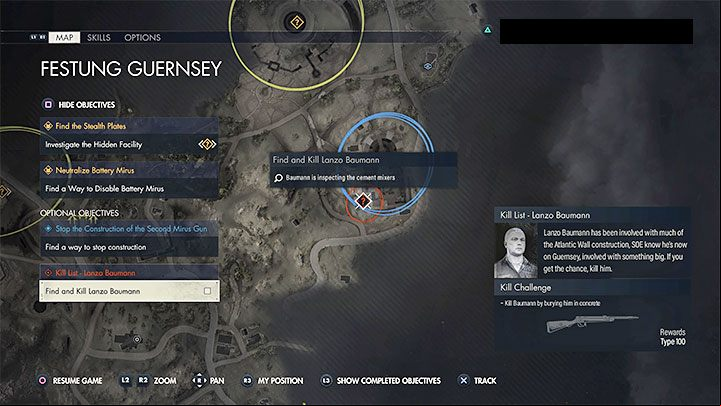 Lanzo Baumann is on the construction site throughout the mission, where the second Mirus battery is being constructed, and a separate side mission is associated with it (sabotaging the work on the gun) - Sniper Elite 5: Kill List Target from mission 5: Lanzo Baumann - walkthrough - Mission 5 - Festung Guernsey - Sniper Elite 5 Guide, Walkthrough