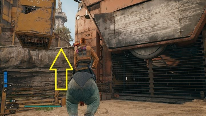 Mount a Nekko again and this time place yourself at the locked gate of a large building nearby - Jedi Survivor: Harvest Ridge - list of secrets - Koboh - Star Wars Jedi Survivor guide