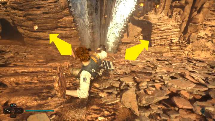 Slipping down the slope, you must steer to the left or right to avoid the drill and jump out at the right place to avoid falling into the abyss - Star Wars Jedi Survivor: Bring Codes to Cere - Walkthorugh - Star Wars Jedi Survivor guide