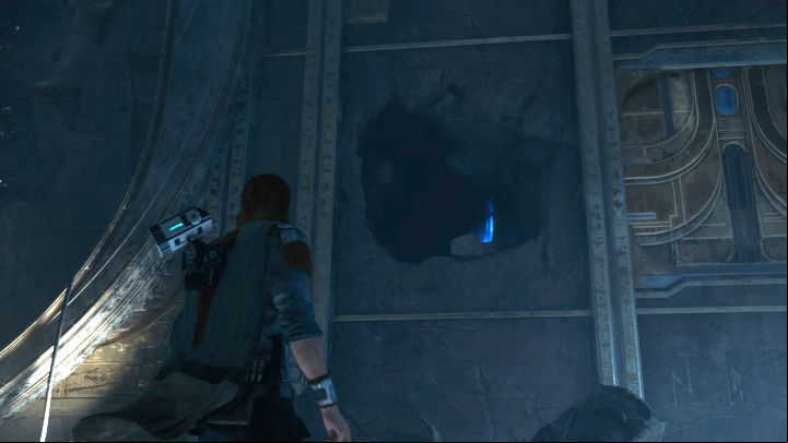 Grab a large boulder with the Force and push it toward the weakened wall in the picture - Jedi Survivor: Orb coupler puzzles in the Devastated Settlement - Puzzles - Star Wars Jedi Survivor guide