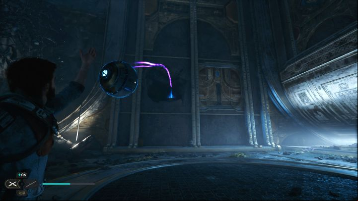 Grab the orb to the right (the one that makes the energy stream active) and push it towards the amplifier you unlocked a moment earlier (a purple Traversable Gap must appear) - Jedi Survivor: Orb coupler puzzles in the Devastated Settlement - Puzzles - Star Wars Jedi Survivor guide