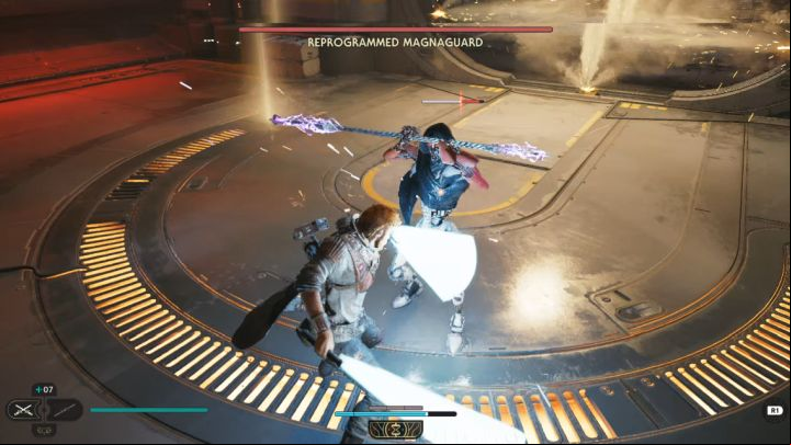 As in many other fights, you should focus on depleting the droid's stamina bar - Jedi Survivor: How to defeat the Reprogrammed Magnaguard in the Automated Forge? - Bosses - Star Wars Jedi Survivor guide