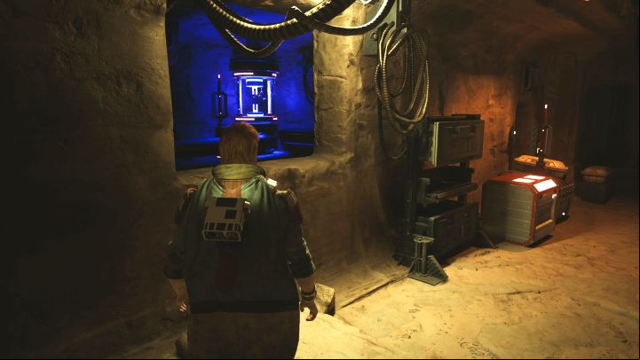 You have to find blue wires near the chest, use the gadget on them and quickly return to the chest to open it - Star Wars Jedi Survivor: How to overload the blue wires? - Explore - Star Wars Jedi Survivor guide