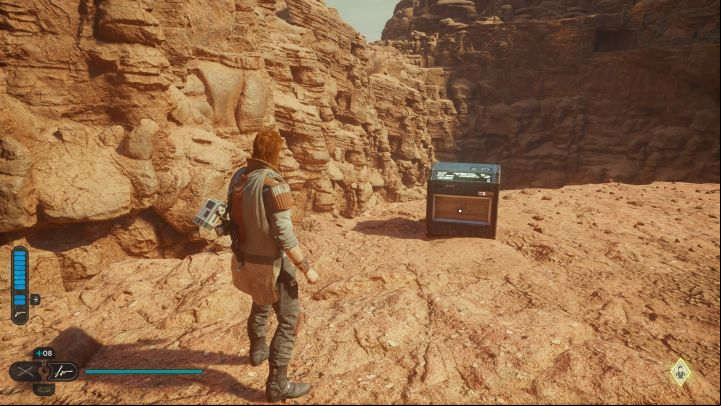 The chest is at the end of the path leading to the precipice, next to where the rope is hung up, and a shortcut is created - Jedi Survivor: Desert Ridge on Jedha - list of secrets - Jedha - Star Wars Jedi Survivor guide