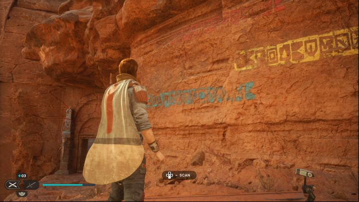 You have to scan the inscriptions on the wall by the path running above the Trailhead Pantheon - Jedi Survivor: Whistling Drop on Jedha - list of secrets - Jedha - Star Wars Jedi Survivor guide