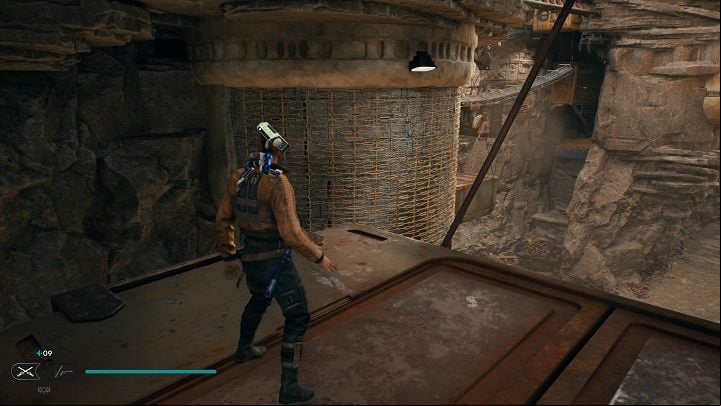 Return to the hanging container and jump onto the wall to climb - Jedi Survivor: Bygone Settlement - list of secrets - Koboh - Star Wars Jedi Survivor guide