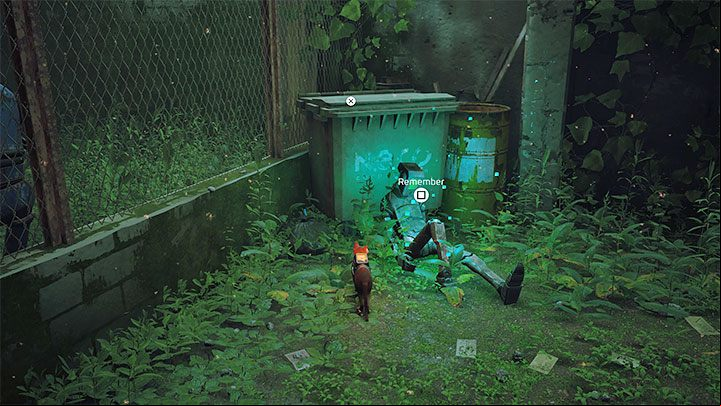 Before you go further (by heading through the gate opened by Clementine), check the far right corner of the square, which was guarded by the Sentinel - Stray: Jail - all memories - Memories B-12 - Stray Guide, Walkthrough