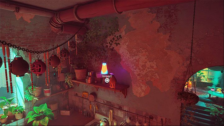 The last clue is a lit lamp placed on a tall shelf in the kitchen - you'll need to jump twice to reach it - Stray: The 4 clue puzzle in Clementines apartment - Midtown - Puzzles - Stray Guide, Walkthrough