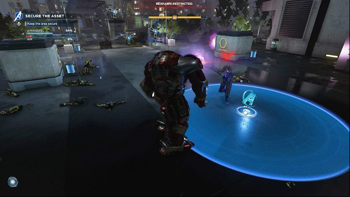 You should stand in the designated spot to let Jarvis deactivate the security systems and open the gate to the lab facility - Marvels Avengers: Alone against AIM, walkthrough - Eastern seaboard - Marvels Avengers Guide