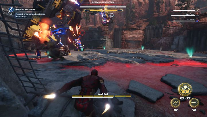 Every once in a while, the Warbot will try to turn around and perform a powerful stomp attack that will inflict massive damage on any hero who stays near it - Marvels Avengers: Agony and the Ant Hill, walkthrough - Utah Badlands - Marvels Avengers Guide