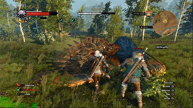 Use ranged attacks to force griffin to land. After that, attack him up close - The Witcher 3 Wild Hunt: The Beast of White Orchard - walkthrough - Prologue and White Orchard - The Witcher 3 Wild Hunt Guide